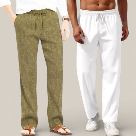 Combo of 2 Cotton Linen Loose Fit Men Pant Olive Green and White-50812