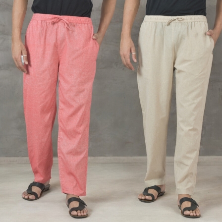 Combo of 2 Cotton Men Handloom Pant Beige and Pink-49338