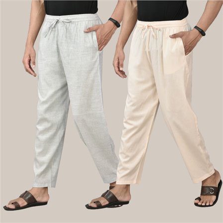 Combo of 2 Cotton Men Handloom Pant Beige and White-36595