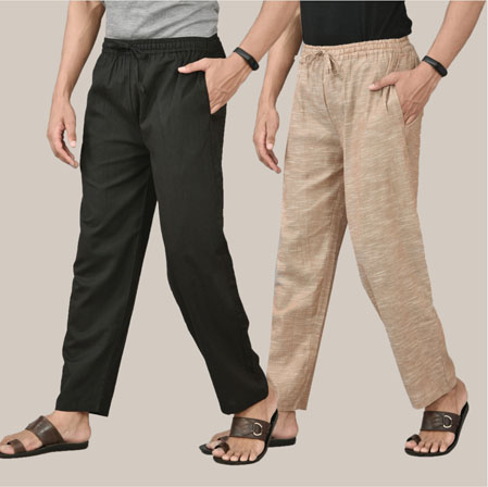Combo of 2 Cotton Men Handloom Pant Black and Light Beige-36617