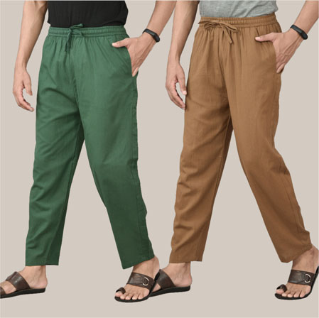 Combo of 2 Cotton Men Handloom Pant Bottle Green and Brown-36626