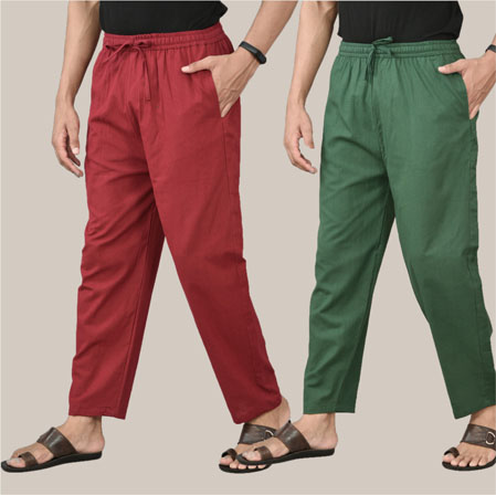 Combo of 2 Cotton Men Handloom Pant Bottle Green and Maroon-36631