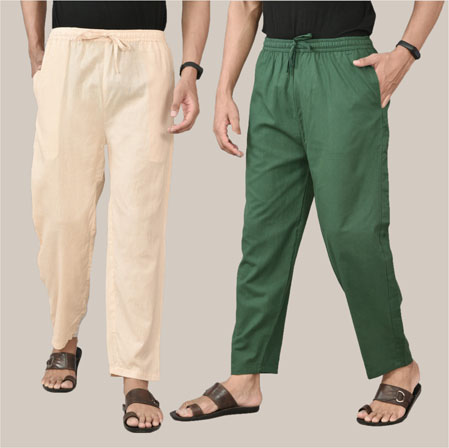 Combo of 2 Cotton Men Handloom Pant Bottle Green and Pink-36635