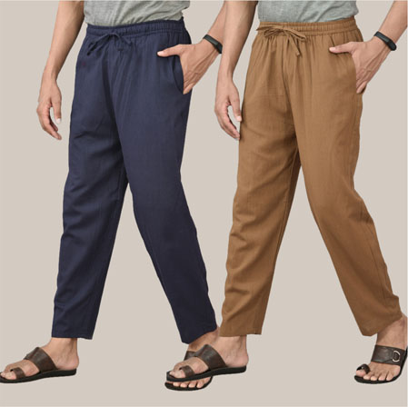 Combo of 2 Cotton Men Handloom Pant Brown and Navy Blue-36645