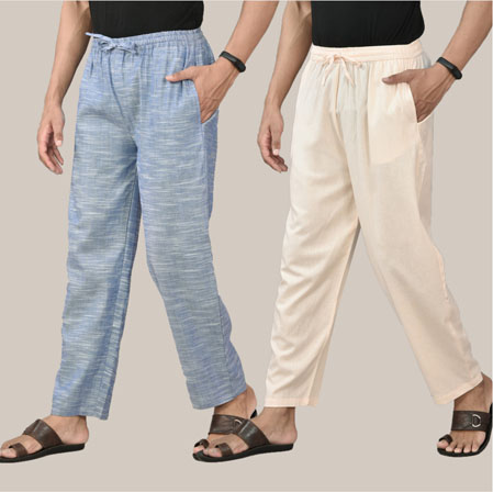 Combo of 2 Cotton Men Handloom Pant Denim and Beige-36585