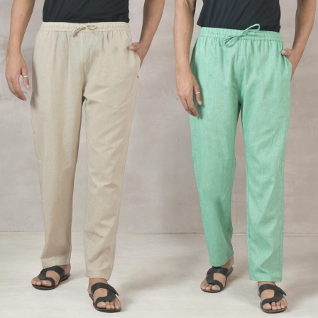 Combo of 2 Cotton Men Handloom Pant Green and Beige-49331
