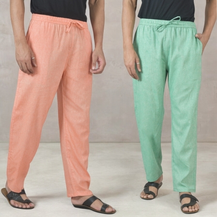 Combo of 2 Cotton Men Handloom Pant Green and Peach-49332