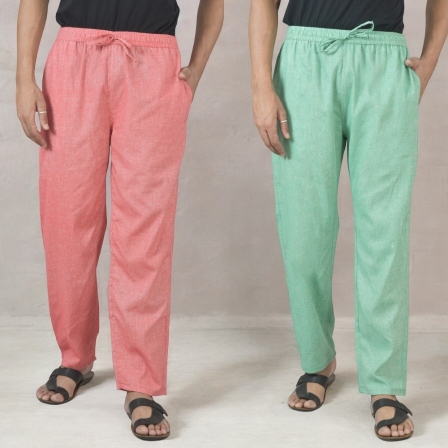 Combo of 2 Cotton Men Handloom Pant Green and Pink-49333