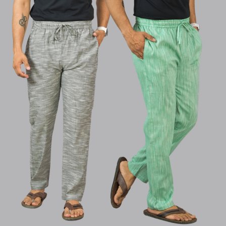 Combo of 2 Cotton Men Handloom Pant Light Gray and Green-44438