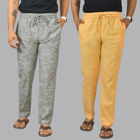 Combo of 2 Cotton Men Handloom Pant Light Gray and Yellow-44437
