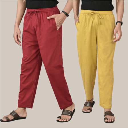 Combo of 2 Cotton Men Handloom Pant Maroon and Lemon Yellow-36673