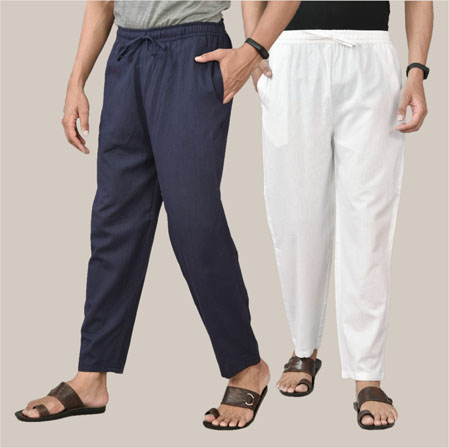 Combo of 2 Cotton Men Handloom Pant Navy Blue and White-36706