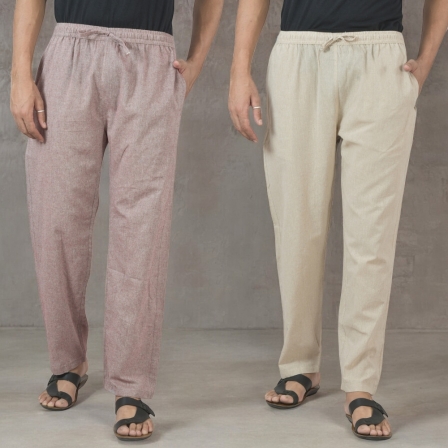 Combo of 2 Cotton Men Handloom Pant Purple and Beige-49334