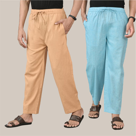 Combo of 2 Cotton Men Handloom Pant Sky Blue and Beige-36609