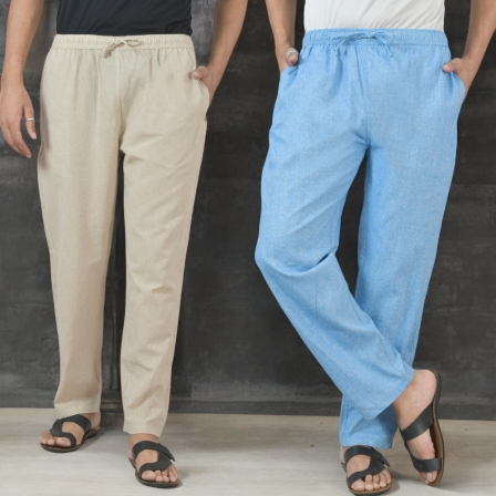 Combo of 2 Cotton Men Handloom Pant Sky Blue and Beige-49322
