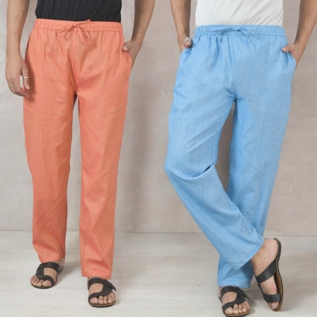 Combo of 2 Cotton Men Handloom Pant Sky Blue and Brick Red-49319