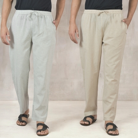 Combo of 2 Cotton Men Handloom Pant White and Beige-49316