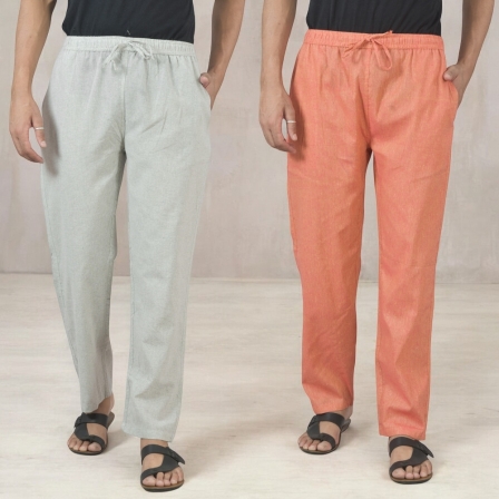 Combo of 2 Cotton Men Handloom Pant White and Brick Red-49313