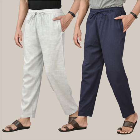 Combo of 2 Cotton Men Handloom Pant White and Navy Blue-36705