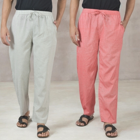 Combo of 2 Cotton Men Handloom Pant White and Pink-49318