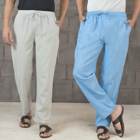 Combo of 2 Cotton Men Handloom Pant White and Sky Blue-49312