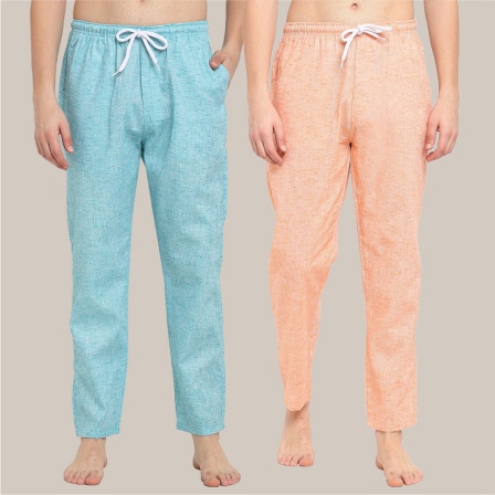 Combo of 2 Cotton Men Handloom Pyjama Pant Cyan and Peach-39499
