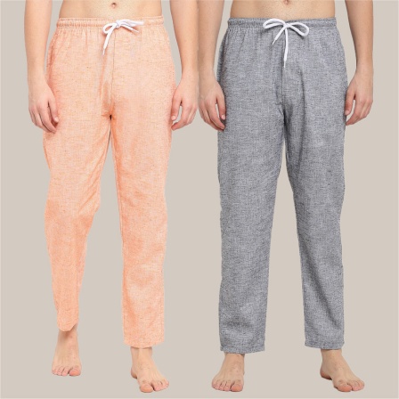 Combo of 2 Cotton Men Handloom Pyjama Pant Gray and Peach-39496