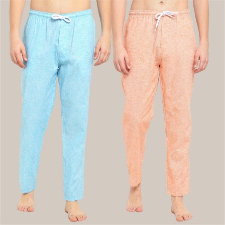 Combo of 2 Cotton Men Handloom Pyjama Pant Peach and Denim-39489