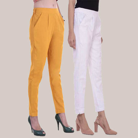 Combo of 2 Cotton Slub Ankle Length Pant Yellow and White-34611