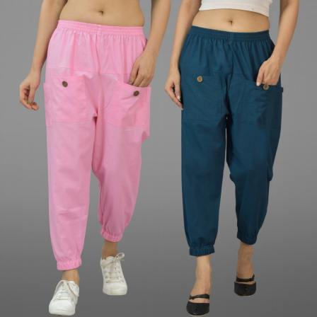 Combo of 2 Denim and Baby Pink Pure Cotton Four Pocket Cargo Pants-45527