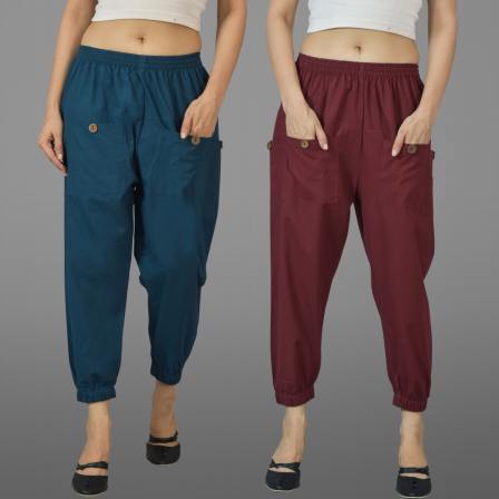 Combo of 2 Denim and Maroon Pure Cotton Four Pocket Cargo Pants-45530
