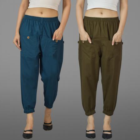 Combo of 2 Denim and Mehndi Green Pure Cotton Four Pocket Cargo Pants-45529