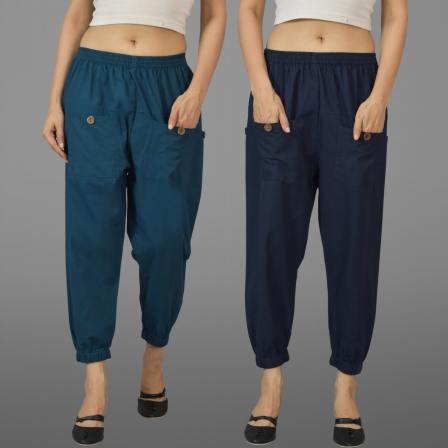 Combo of 2 Denim and Navy Blue Pure Cotton Four Pocket Cargo Pants-45528