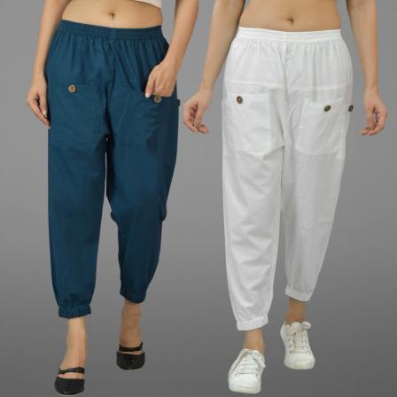 Combo of 2 Denim and White Pure Cotton Four Pocket Cargo Pants-45531