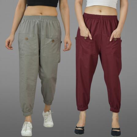 Combo of 2 Gray and Maroon Pure Cotton Four Pocket Cargo Pants-45516
