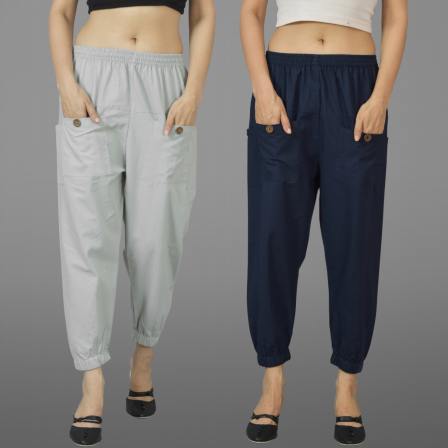 Combo of 2 Light Gray and Navy Blue Pure Cotton Four Pocket Cargo Pants-45521