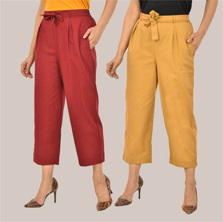 Combo of 2 Maroon and Beige Cotton Culottes-38493
