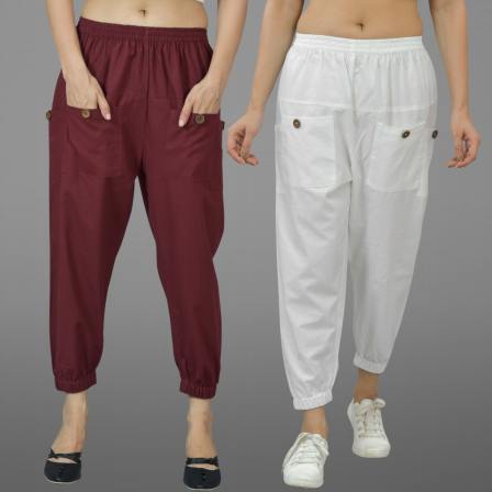Combo of 2 Maroon and White Pure Cotton Four Pocket Cargo Pants-45520