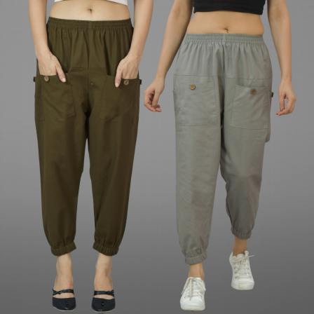 Combo of 2 Mehndi Green and Gray Pure Cotton Four Pocket Cargo Pants-45512