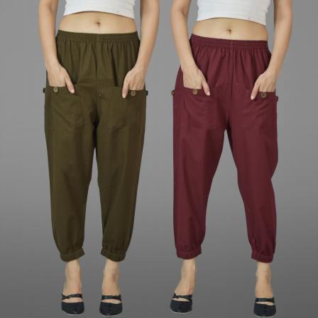 Combo of 2 Mehndi Green and Maroon Pure Cotton Four Pocket Cargo Pants-45513