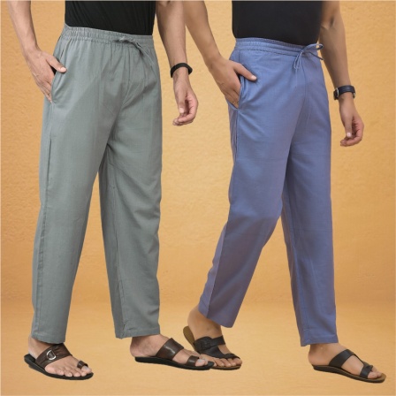 Combo of 2 Men Solid Cotton Flex Pant Gray Sky Blue-15522