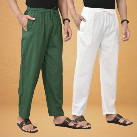 Combo of 2 Men Solid Cotton Flex Pant White Bottle Green-15536