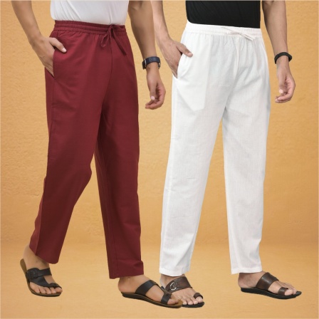 Combo of 2 Men Solid Cotton Flex Pant White Maroon-15529
