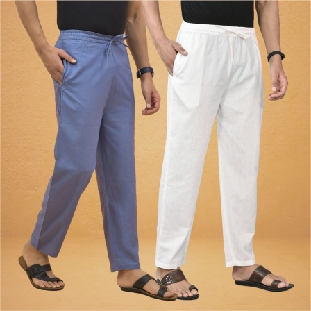 Combo of 2 Men Solid Cotton Flex Pant White Sky Blue-15523