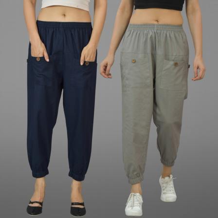 Combo of 2 Navy Blue and Gray Pure Cotton Four Pocket Cargo Pants-45508