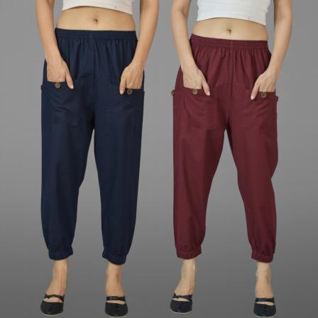 Combo of 2 Navy Blue and Maroon Pure Cotton Four Pocket Cargo Pants-45509