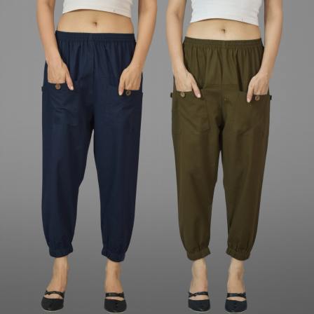 Combo of 2 Navy Blue and Mehndi Green Pure Cotton Four Pocket Cargo Pants-45507