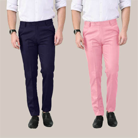 Buy Regular Fit Men Trousers Navy Blue and Pink Combo of