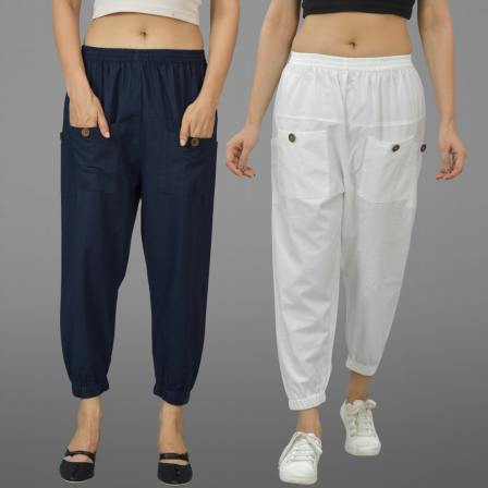 Combo of 2 Navy Blue and White Pure Cotton Four Pocket Cargo Pants-45511