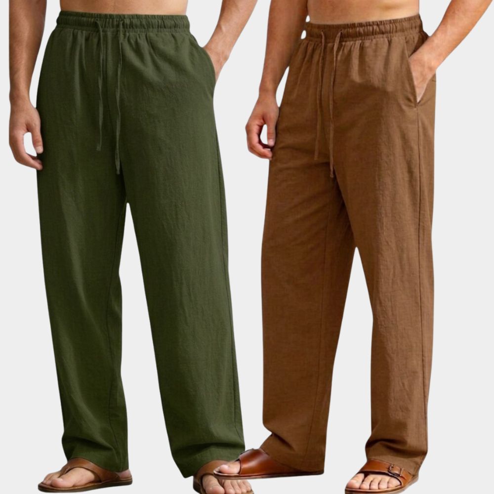Combo of 2 Premium Linen Relaxed Fit Loose Fit Men Pant Army Green and Brown-51568